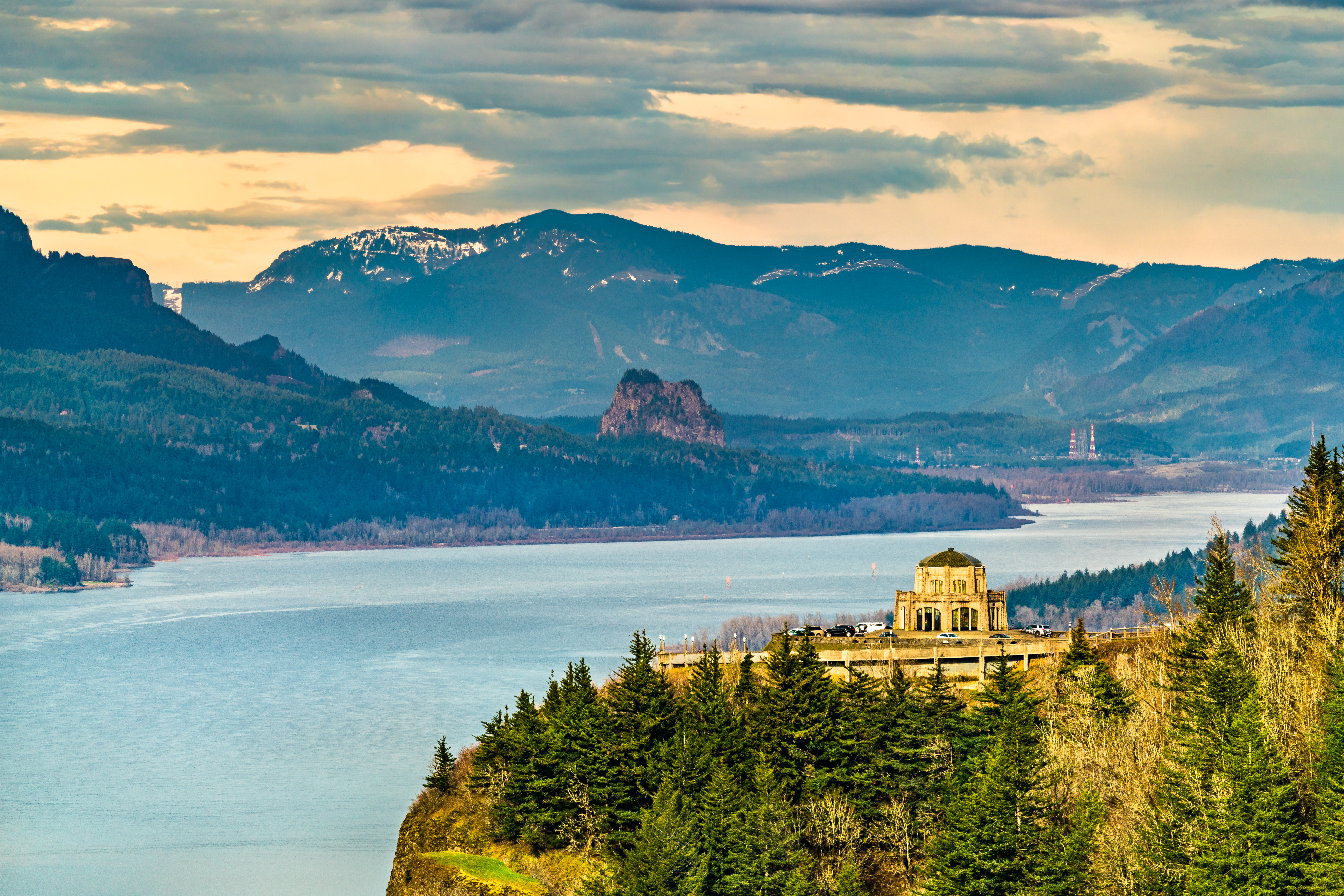 View of Vista House at Crown Point above the Columbia River Gorge in Oregon, United States