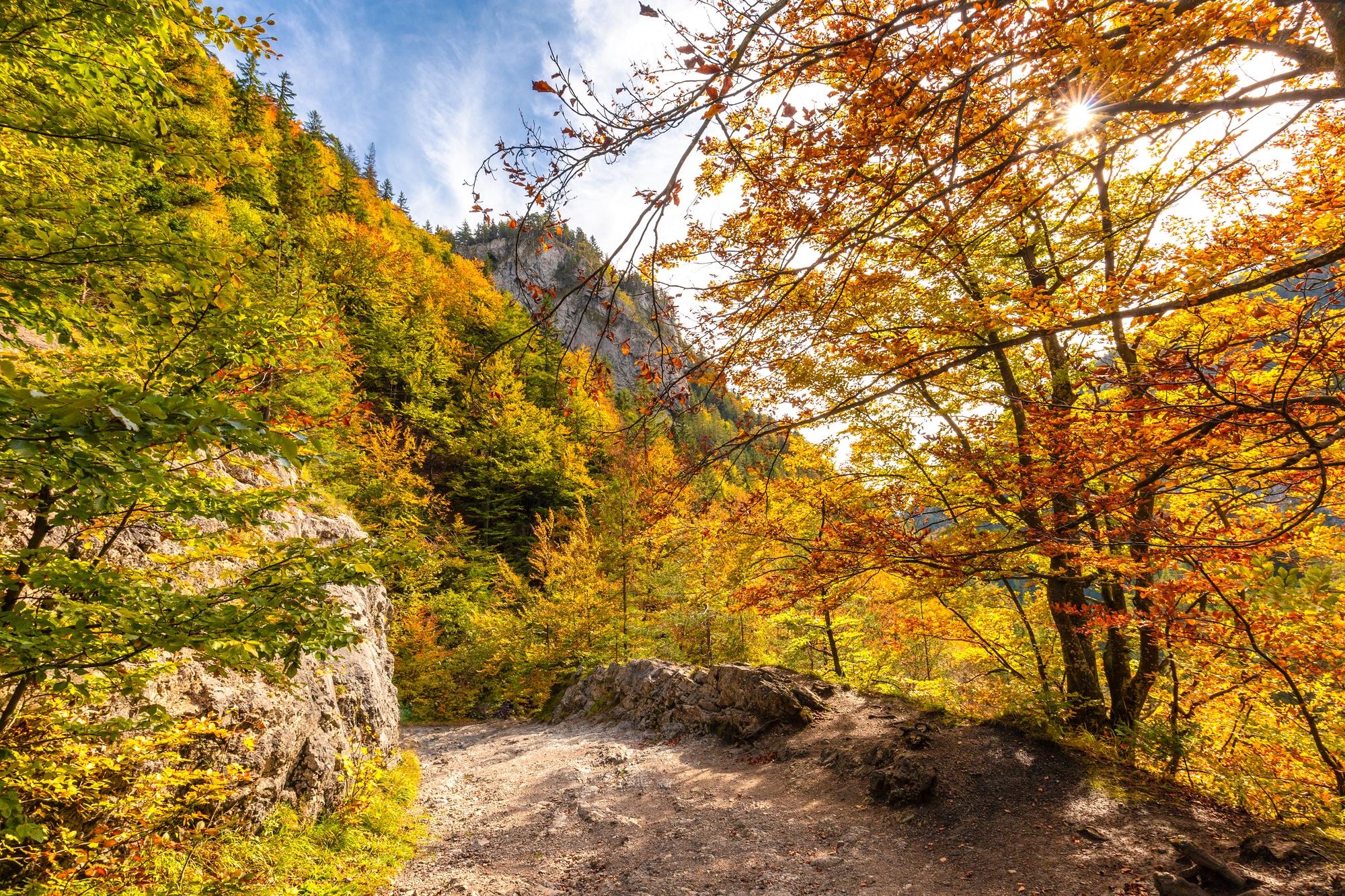 Mountain landscape in autumn sunny day. Hiking trail through Kvacianska valley, Slovakia, Europe.