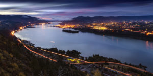 A beautiful nighttime view of the Columbia River and Hood River - where you'll find all the best things to do in Hood River