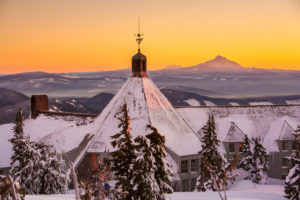 Gorgeous sunset view of Timberline Lodge on Mount Hood near our Luxury Columbia River Gorge Cabins