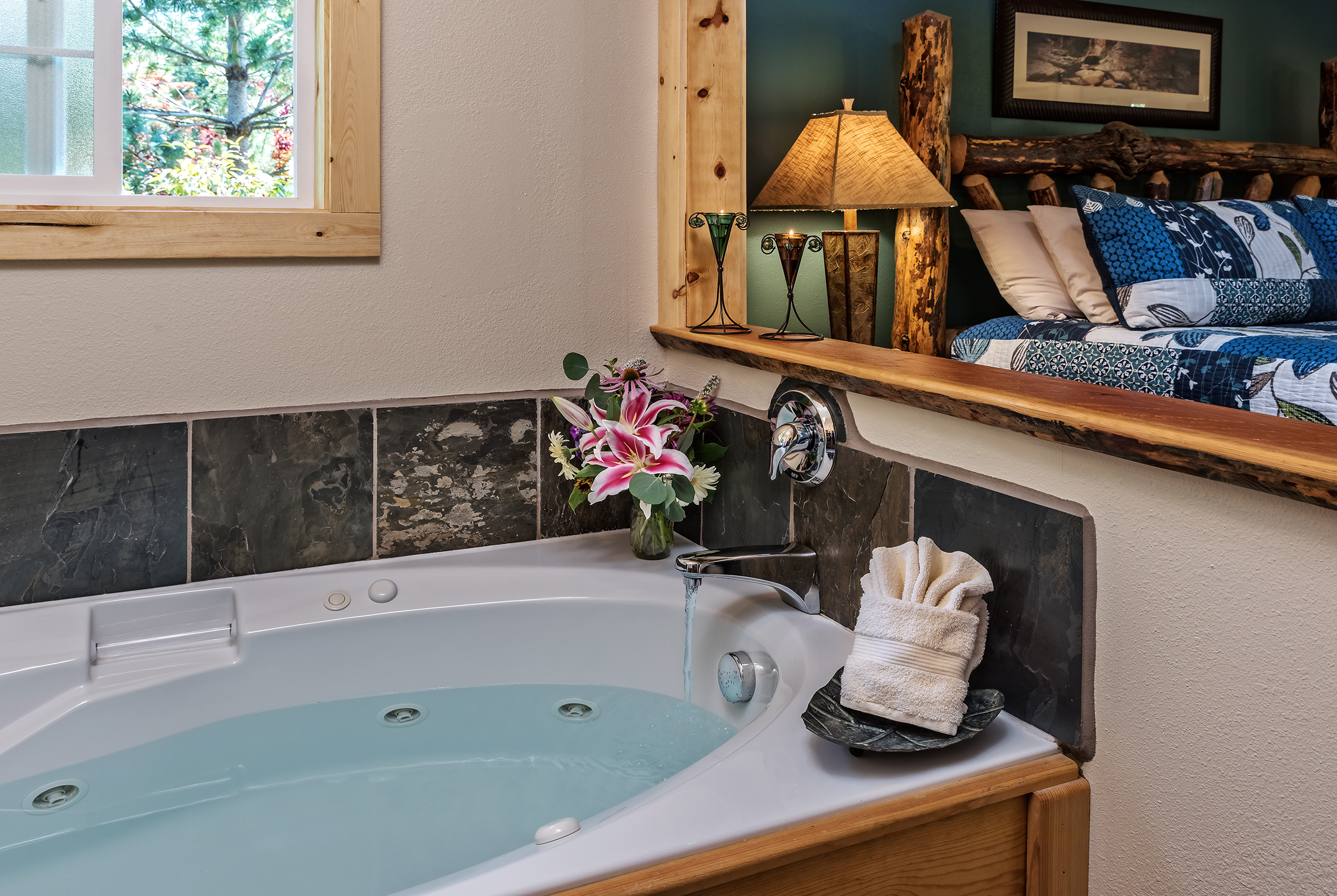 Gorgeous soaking tub at our romantic Columbia River Gorge cabins - the perfect place for a romantic getaway in Washington State