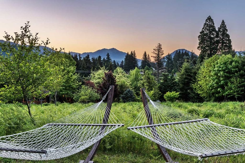 Gorgeous hammocks on our property - the perfect place to unwind before or after dinner at the top restaurants in Stevenson WA