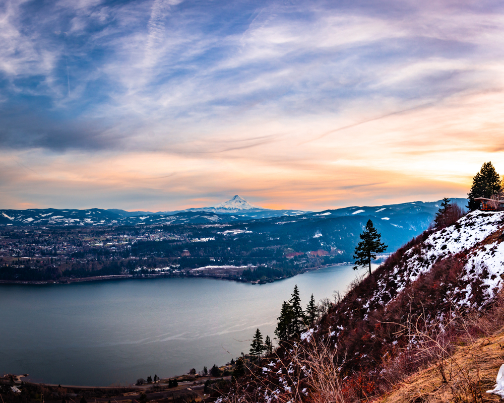 A beautiful overlook of the Columbia River Gorge during the winter, where you can enjoy a luxury cabin getaway