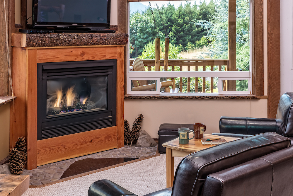 fireside in one of our romantic Washington cabins for couples