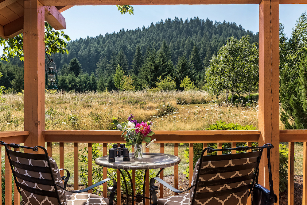 Book an anniversary getaway package and enjoy beautiful views like this from the porch of a luxury cabin in washington