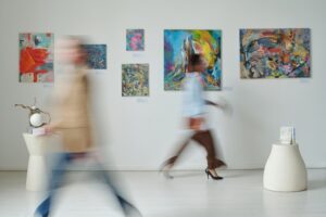 Blurred image of people in museums like the Maryhill Museum of Art