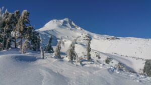 View of Mt Hood while skiing at Mt Hood Meadows in Oregon