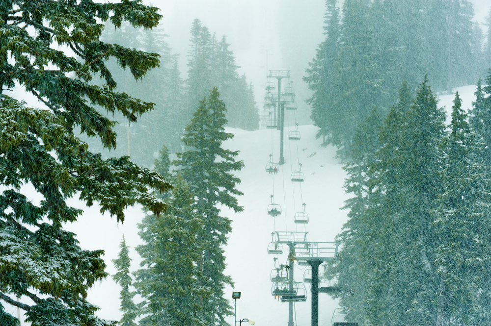 Chairlift on a snowy day at Mt Hood Meadows in ORegon