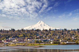 The town of Hood River against the mountain backdrop, where you'll find some of the best places to eat in Hood River