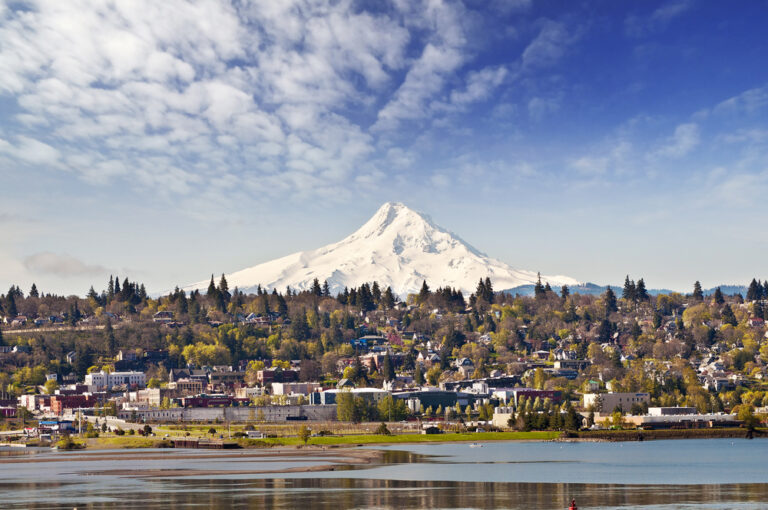 The town of Hood River against the mountain backdrop, where you'll find some of the best places to eat in Hood River