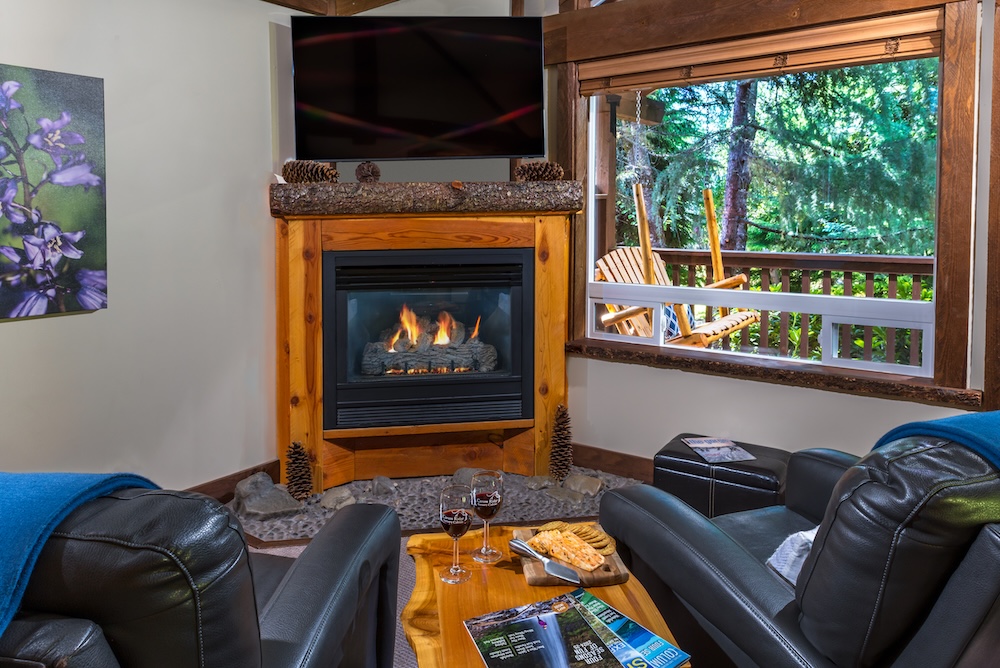 Visit the Hiyu Wine Farm 9 Cozy fireplace setting in one of our luxury and romantic cabin getaways in Washington